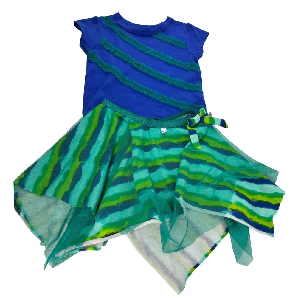 WellieWishers American Girl Blue Ruffle Top‎ Green Striped Skirt Set Kids Size 5